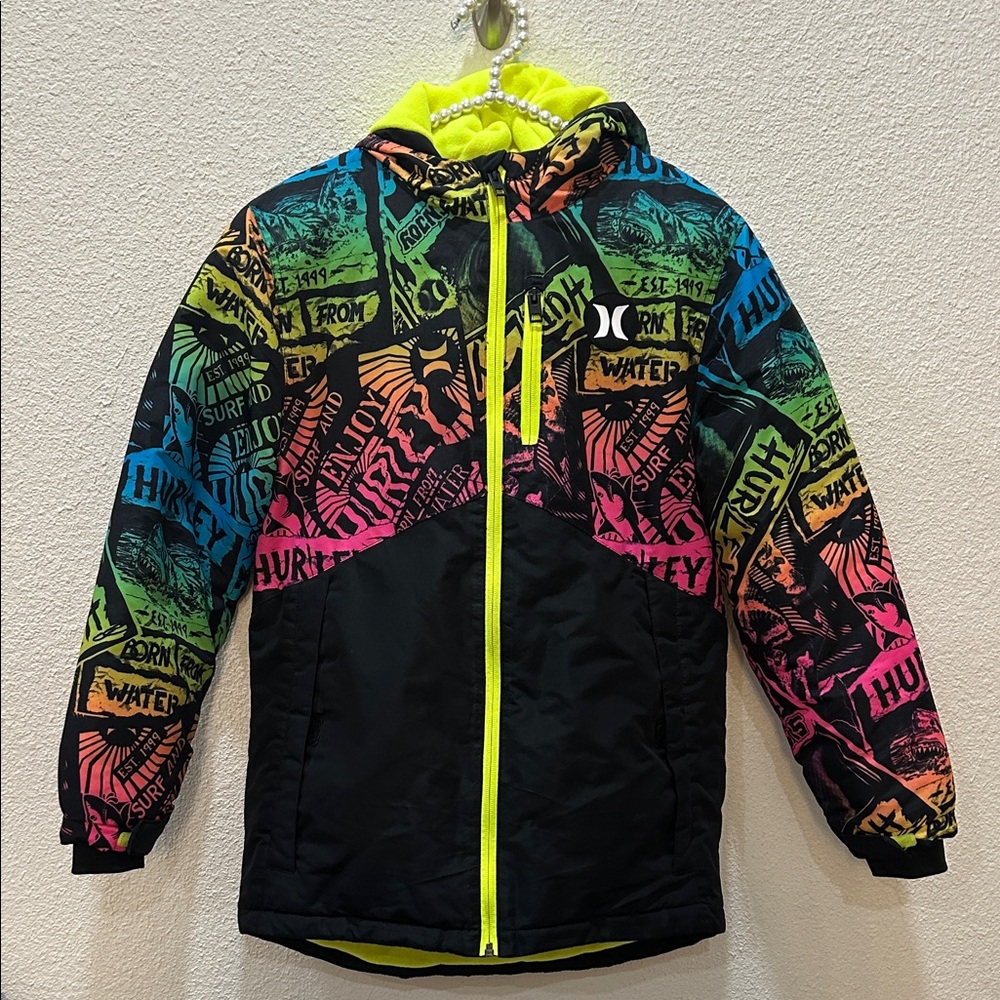 Hurley Neon Yellow Black Multicolor Graphic Puffer Jacket